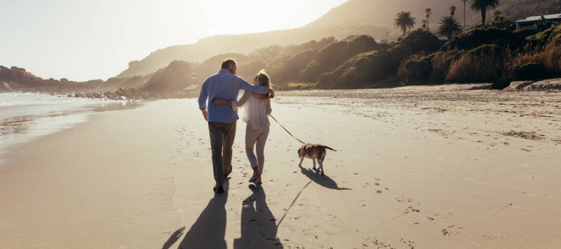 senior couple strolling along the beach with their dog