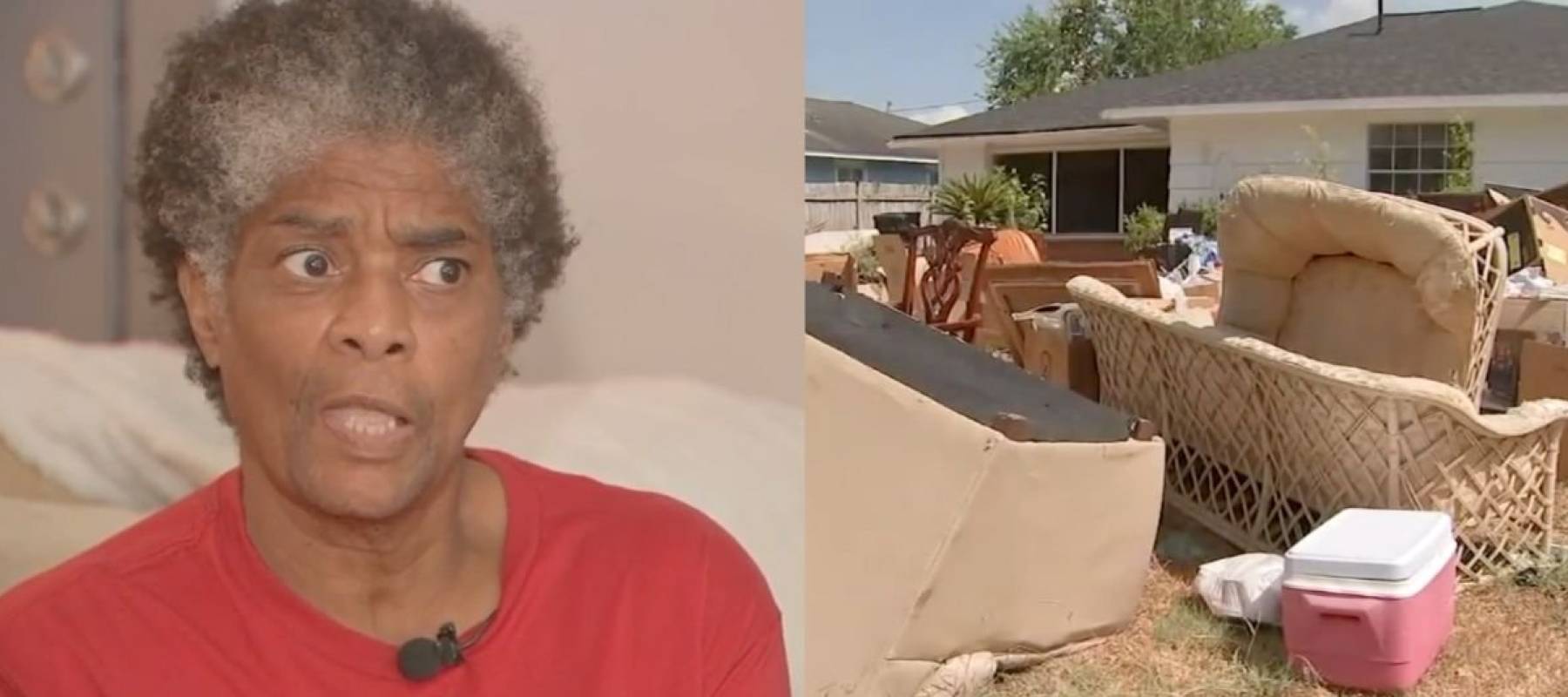 Photos seen side-by-side of Wanda Jackson looking very angry, a pile of furniture on her front lawn.